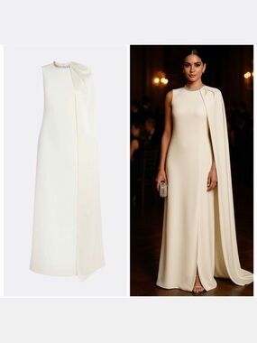 Safiyaa Ivory White Gown Cape Satin Maxi Dress Crystal 8 Bridal Wedding Bride 🟡